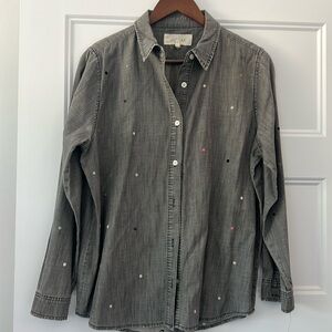 THE GREAT gray cotton denim look button down top w cute embroidered dots sz 3